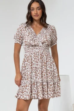 Lewie Mini Dress - Frill Hemline Cross Over Bodice Mini Dress in White Leopard Print><noscript><img width=