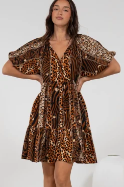Lia Mini Dress - Balloon Sleeve Smock Dress in Riley Print>Salty Crush Hot