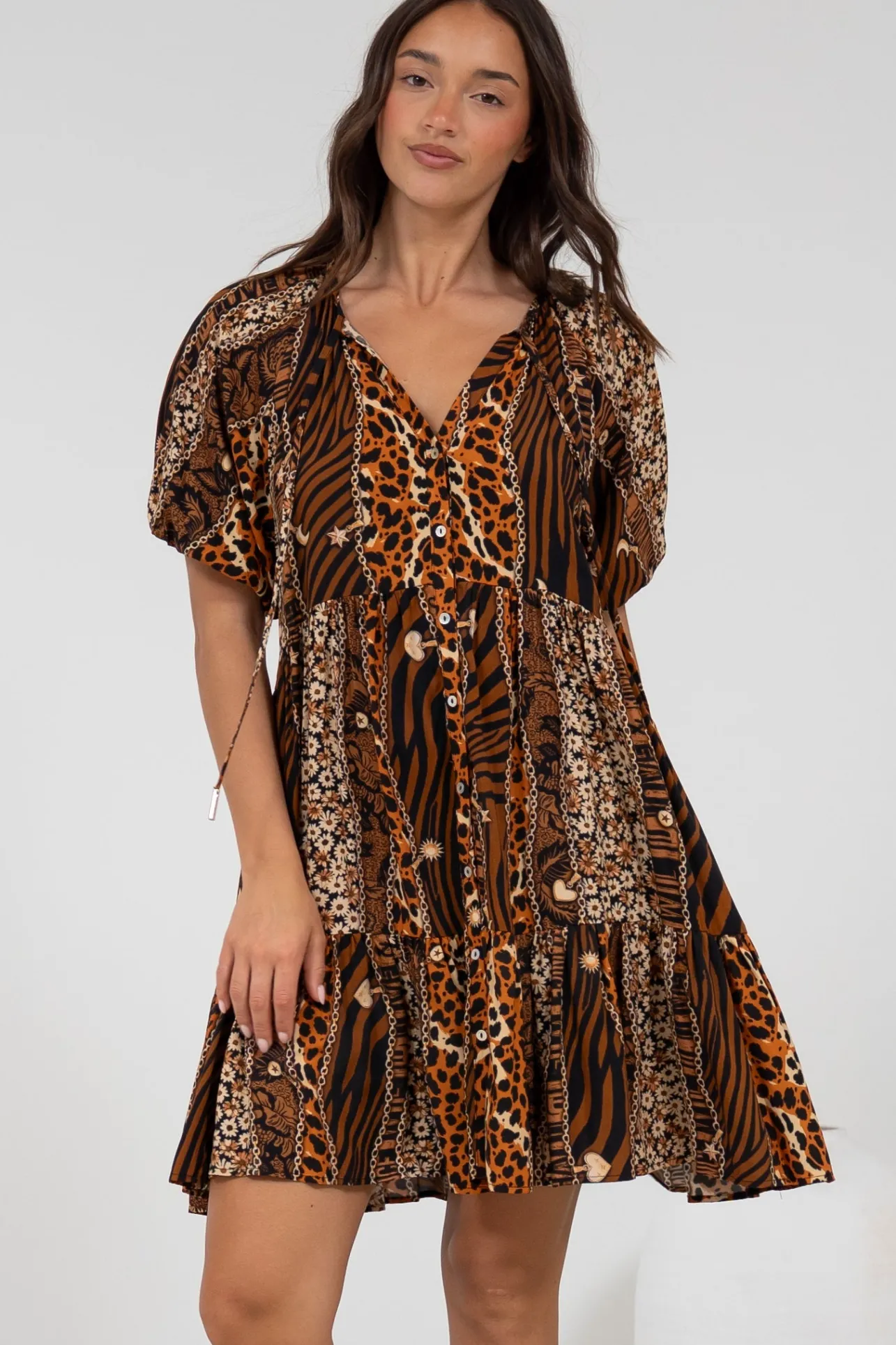 Lia Mini Dress - Balloon Sleeve Smock Dress in Riley Print>Salty Crush Hot