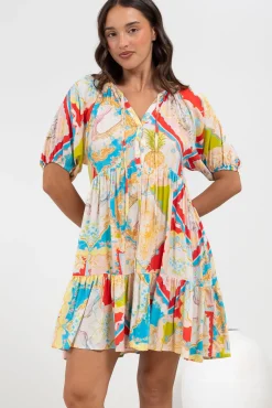 Lia Mini Dress - Balloon Sleeve Smock Dress in Ecoya Print>Salty Crush Outlet