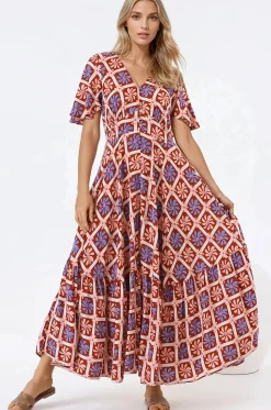 Libby Maxi Dress - Flutter Cap Sleeve Button Waist Detailed A Line Dress in Jaida Print><noscript><img width=