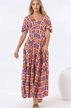 Libby Maxi Dress - Flutter Cap Sleeve Button Waist Detailed A Line Dress in Jaida Print><noscript><img width=