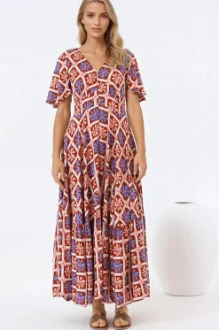 Libby Maxi Dress - Flutter Cap Sleeve Button Waist Detailed A Line Dress in Jaida Print><noscript><img width=