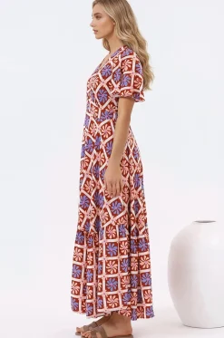 Libby Maxi Dress - Flutter Cap Sleeve Button Waist Detailed A Line Dress in Jaida Print><noscript><img width=
