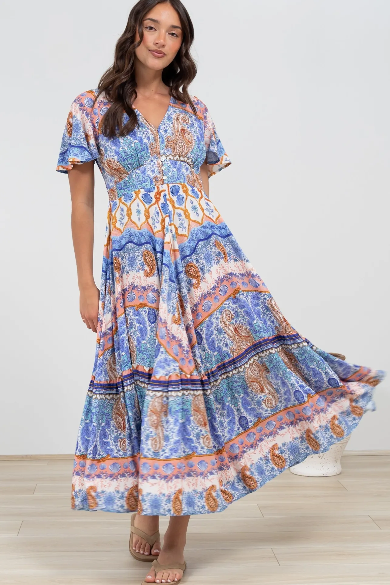 Libby Maxi Dress - Flutter Cap Sleeve Button Waist Detailed A Line Dress in Belly Print>Salty Crush New