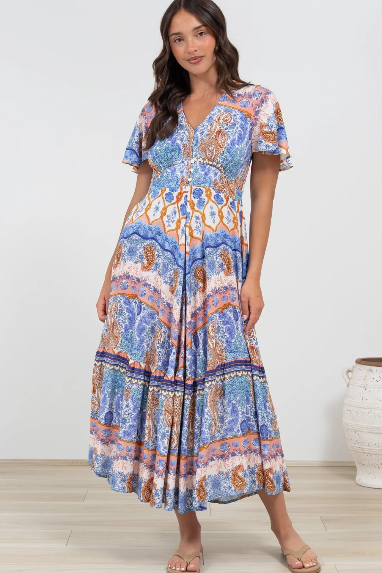 Libby Maxi Dress - Flutter Cap Sleeve Button Waist Detailed A Line Dress in Belly Print>Salty Crush New