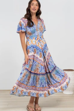 Libby Maxi Dress - Flutter Cap Sleeve Button Waist Detailed A Line Dress in Belly Print><noscript><img width=