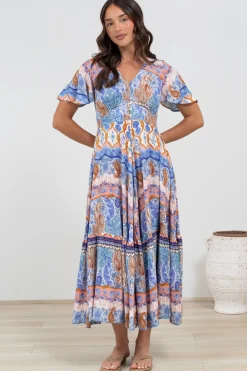 Libby Maxi Dress - Flutter Cap Sleeve Button Waist Detailed A Line Dress in Belly Print><noscript><img width=