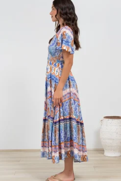 Libby Maxi Dress - Flutter Cap Sleeve Button Waist Detailed A Line Dress in Belly Print><noscript><img width=