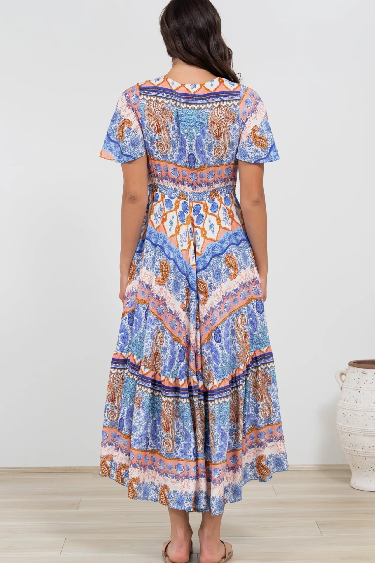 Libby Maxi Dress - Flutter Cap Sleeve Button Waist Detailed A Line Dress in Belly Print>Salty Crush New