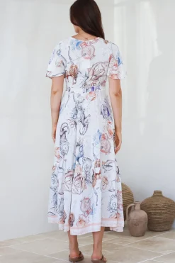 Libby Maxi Dress - Flutter Cap Sleeve Button Waist Detailed A Line Dress in Zodiac Print><noscript><img width=