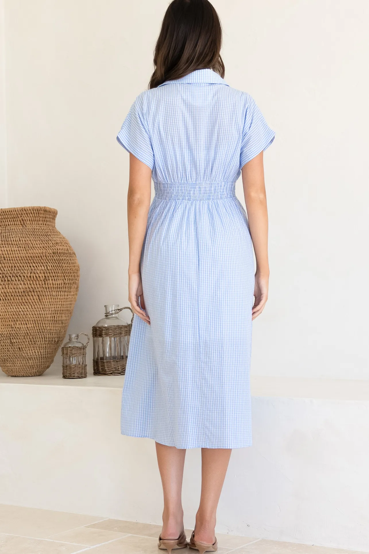 Lilla Midi Dress - Collared Buttoned Down A-Line Dress in Gingham Blue>Salty Crush Outlet