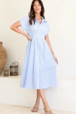 Lilla Midi Dress - Collared Buttoned Down A-Line Dress in Gingham Blue><noscript><img width=