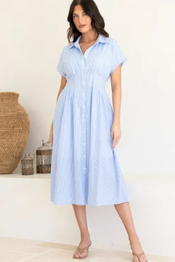 Lilla Midi Dress - Collared Buttoned Down A-Line Dress in Gingham Blue><noscript><img width=