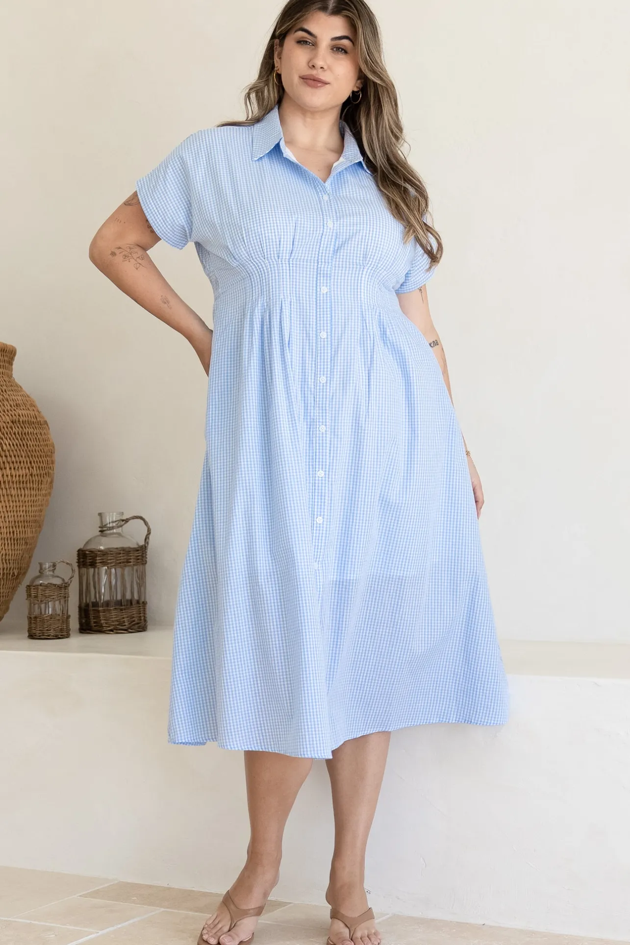 Lilla Midi Dress - Collared Buttoned Down A-Line Dress in Gingham Blue>Salty Crush Outlet