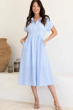 Lilla Midi Dress - Collared Buttoned Down A-Line Dress in Gingham Blue><noscript><img width=
