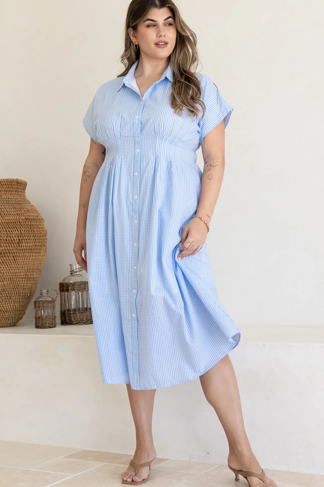 Lilla Midi Dress - Collared Buttoned Down A-Line Dress in Gingham Blue>Salty Crush Outlet