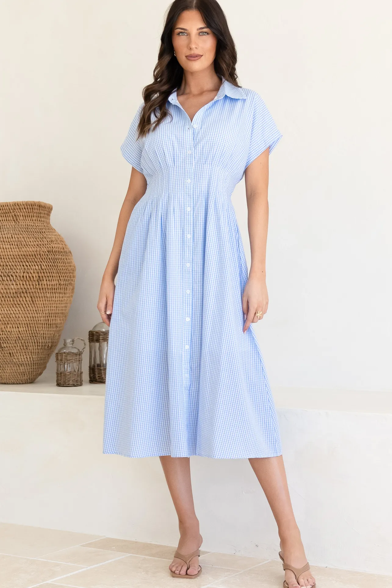 Lilla Midi Dress - Collared Buttoned Down A-Line Dress in Gingham Blue>Salty Crush Outlet