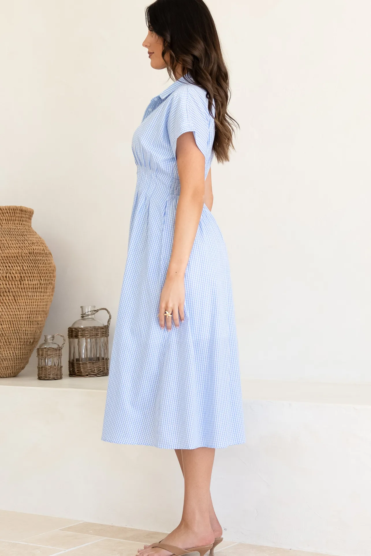 Lilla Midi Dress - Collared Buttoned Down A-Line Dress in Gingham Blue>Salty Crush Outlet