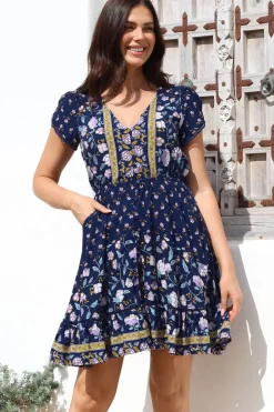 Lizzie Mini Dress - Butterfly Cap Sleeve Button Down Dress with Pockets in Wild Indigo Print><noscript><img width=