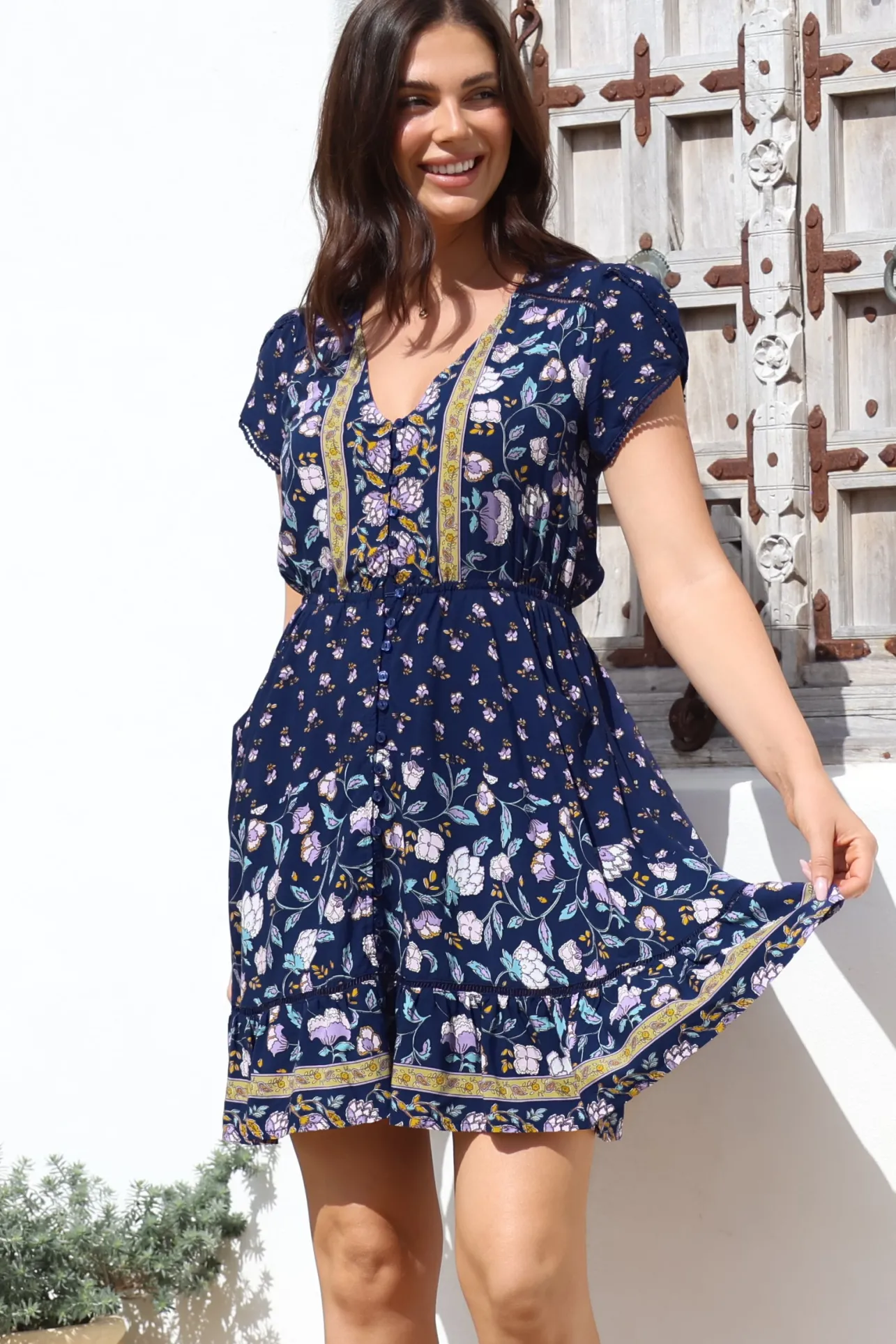 Lizzie Mini Dress - Butterfly Cap Sleeve Button Down Dress with Pockets in Wild Indigo Print>Jaase Best