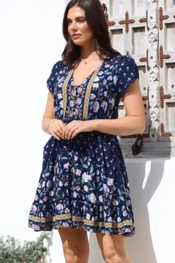 Lizzie Mini Dress - Butterfly Cap Sleeve Button Down Dress with Pockets in Wild Indigo Print><noscript><img width=