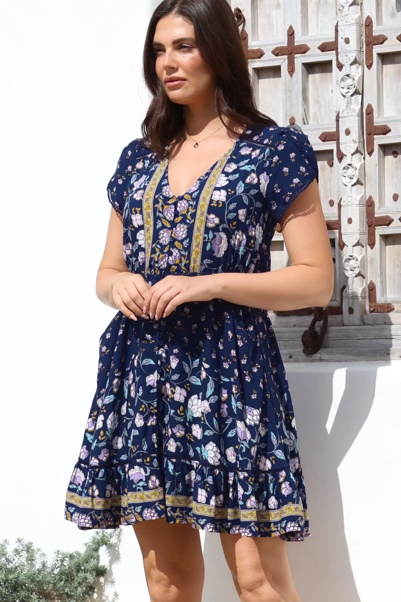 Lizzie Mini Dress - Butterfly Cap Sleeve Button Down Dress with Pockets in Wild Indigo Print>Jaase Best