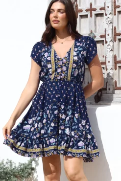 Lizzie Mini Dress - Butterfly Cap Sleeve Button Down Dress with Pockets in Wild Indigo Print><noscript><img width=