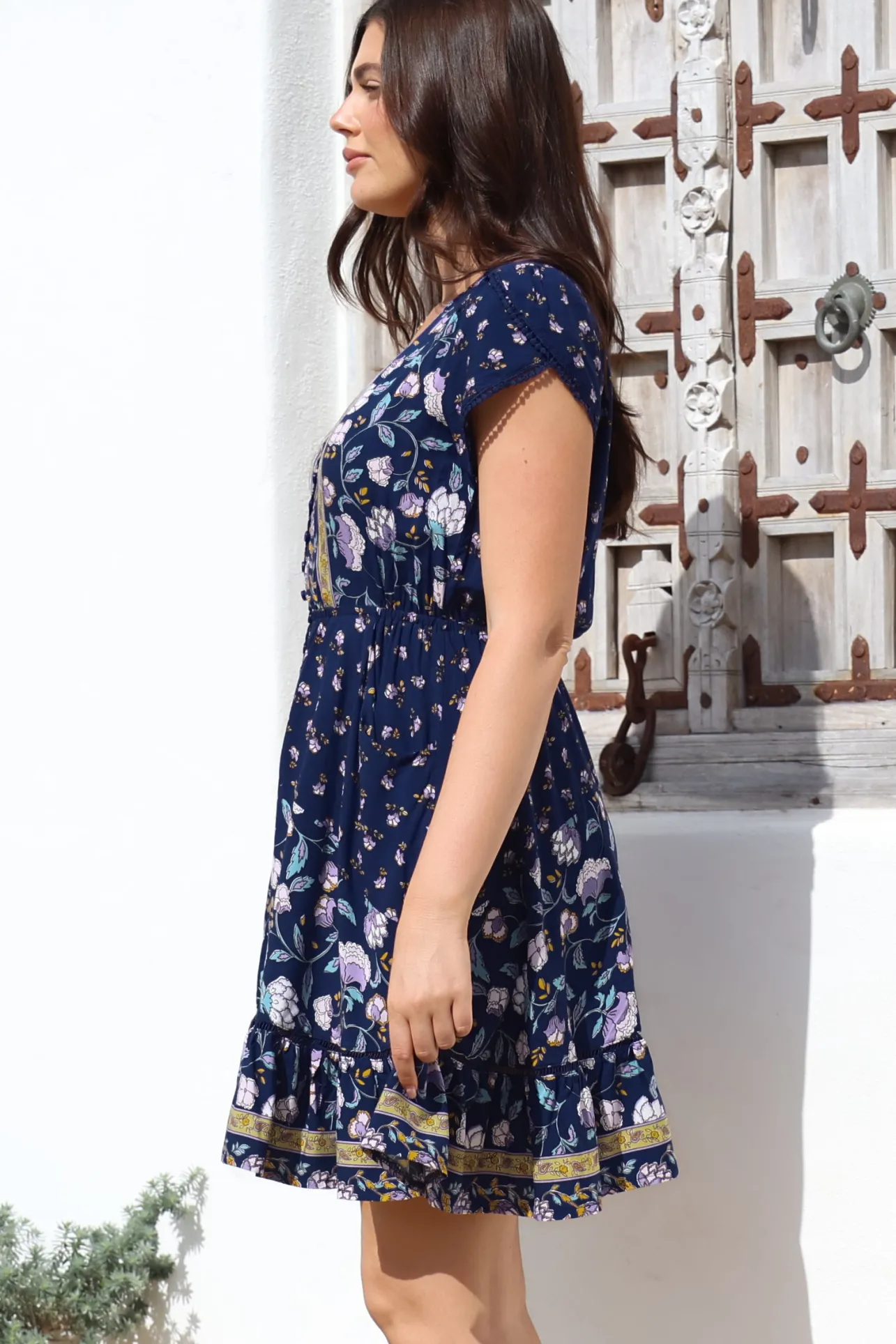 Lizzie Mini Dress - Butterfly Cap Sleeve Button Down Dress with Pockets in Wild Indigo Print>Jaase Best