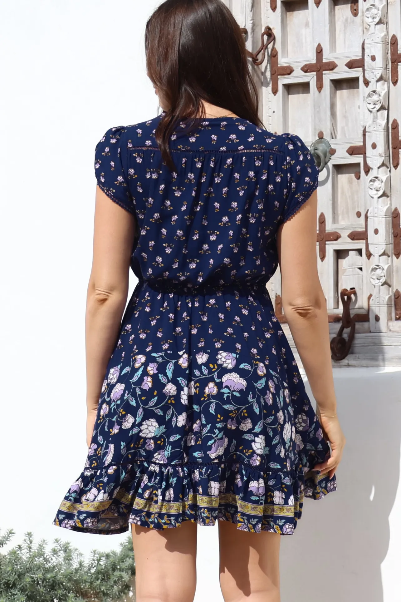 Lizzie Mini Dress - Butterfly Cap Sleeve Button Down Dress with Pockets in Wild Indigo Print>Jaase Best