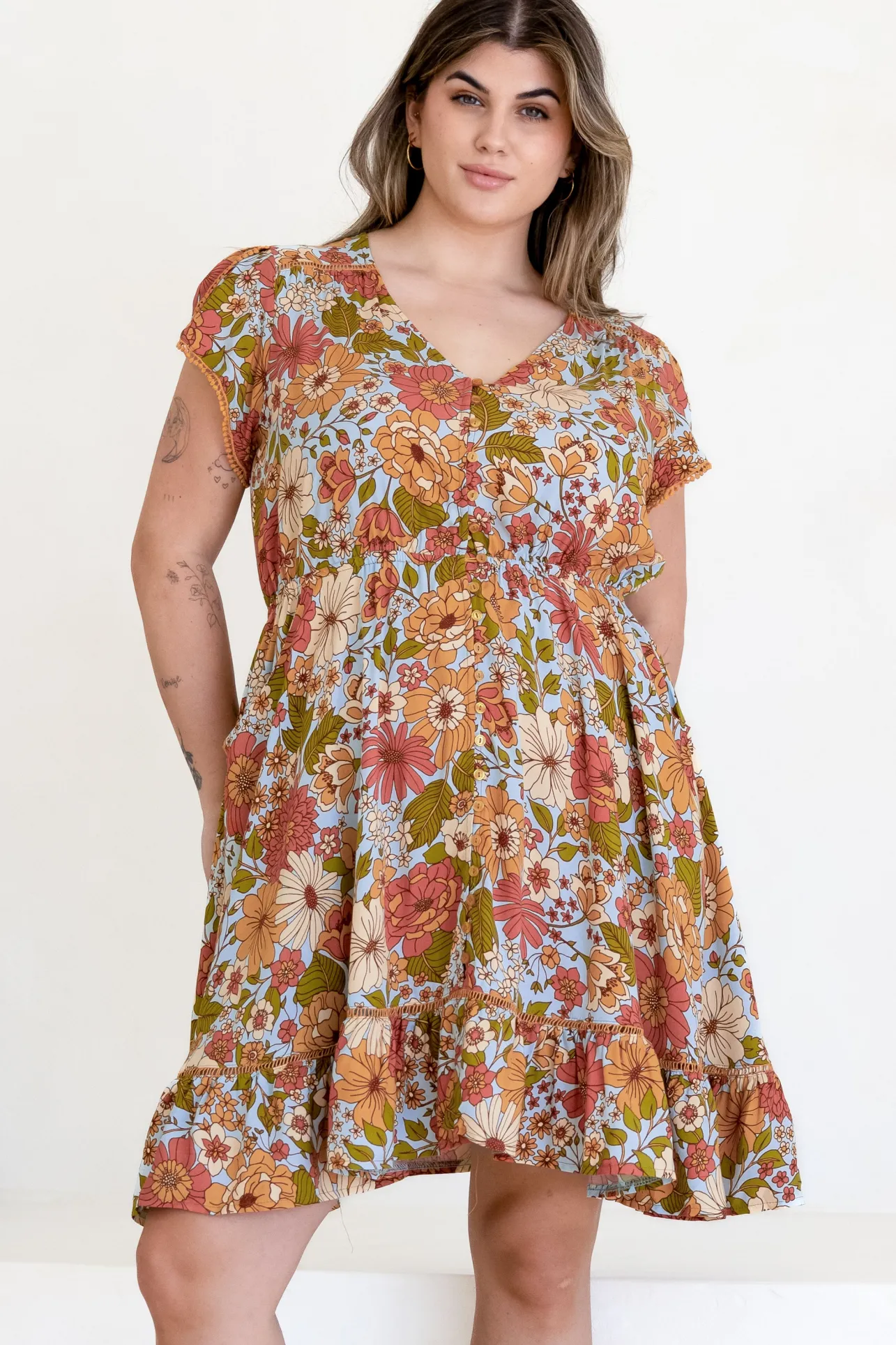 Lizzie Mini Dress - Butterfly Cap Sleeve Button Down Dress with Pockets in Mimosa Print>Jaase Best