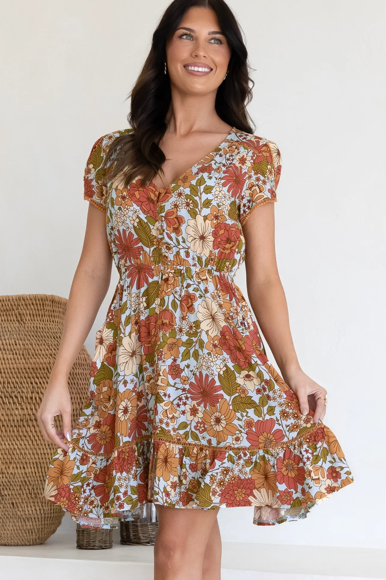 Lizzie Mini Dress - Butterfly Cap Sleeve Button Down Dress with Pockets in Mimosa Print>Jaase Best