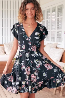 Lizzie Mini Dress - Butterfly Cap Sleeve Button Down Dress with Pockets in Under The Stars Print>Jaase Sale