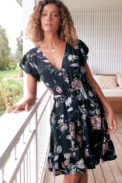 Lizzie Mini Dress - Butterfly Cap Sleeve Button Down Dress with Pockets in Under The Stars Print>Jaase Sale
