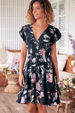 Lizzie Mini Dress - Butterfly Cap Sleeve Button Down Dress with Pockets in Under The Stars Print><noscript><img width=