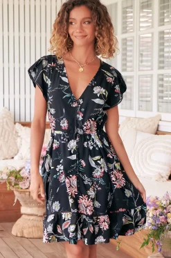 Lizzie Mini Dress - Butterfly Cap Sleeve Button Down Dress with Pockets in Under The Stars Print><noscript><img width=