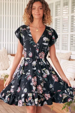 Lizzie Mini Dress - Butterfly Cap Sleeve Button Down Dress with Pockets in Under The Stars Print><noscript><img width=