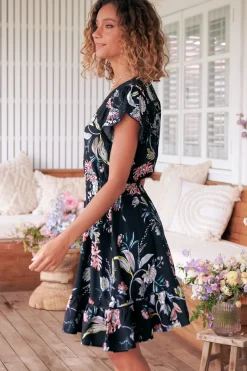 Lizzie Mini Dress - Butterfly Cap Sleeve Button Down Dress with Pockets in Under The Stars Print><noscript><img width=