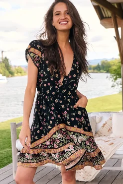 Lizzie Mini Dress - Butterfly Cap Sleeve Button Down Dress with Pockets in Eternity Print>Jaase Clearance