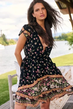 Lizzie Mini Dress - Butterfly Cap Sleeve Button Down Dress with Pockets in Eternity Print><noscript><img width=