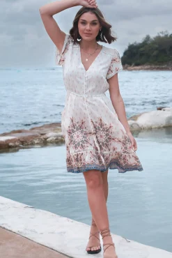 Lizzie Mini Dress - Butterfly Cap Sleeve Button Down Dress with Pockets in Gemstone Print><noscript><img width=