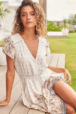 Lizzie Mini Dress - Butterfly Cap Sleeve Button Down Dress with Pockets in Gemstone Print><noscript><img width=