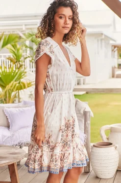 Lizzie Mini Dress - Butterfly Cap Sleeve Button Down Dress with Pockets in Gemstone Print><noscript><img width=