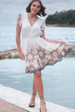 Lizzie Mini Dress - Butterfly Cap Sleeve Button Down Dress with Pockets in Gemstone Print><noscript><img width=