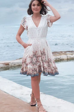 Lizzie Mini Dress - Butterfly Cap Sleeve Button Down Dress with Pockets in Gemstone Print><noscript><img width=