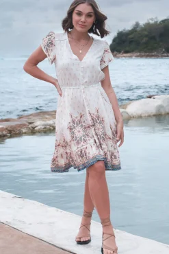 Lizzie Mini Dress - Butterfly Cap Sleeve Button Down Dress with Pockets in Gemstone Print><noscript><img width=