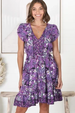 Lizzie Mini Dress - Butterfly Cap Sleeve Button Down Dress with Pockets in Rhodium Print><noscript><img width=