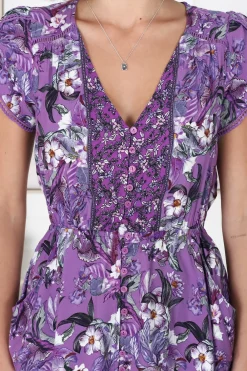 Lizzie Mini Dress - Butterfly Cap Sleeve Button Down Dress with Pockets in Rhodium Print><noscript><img width=
