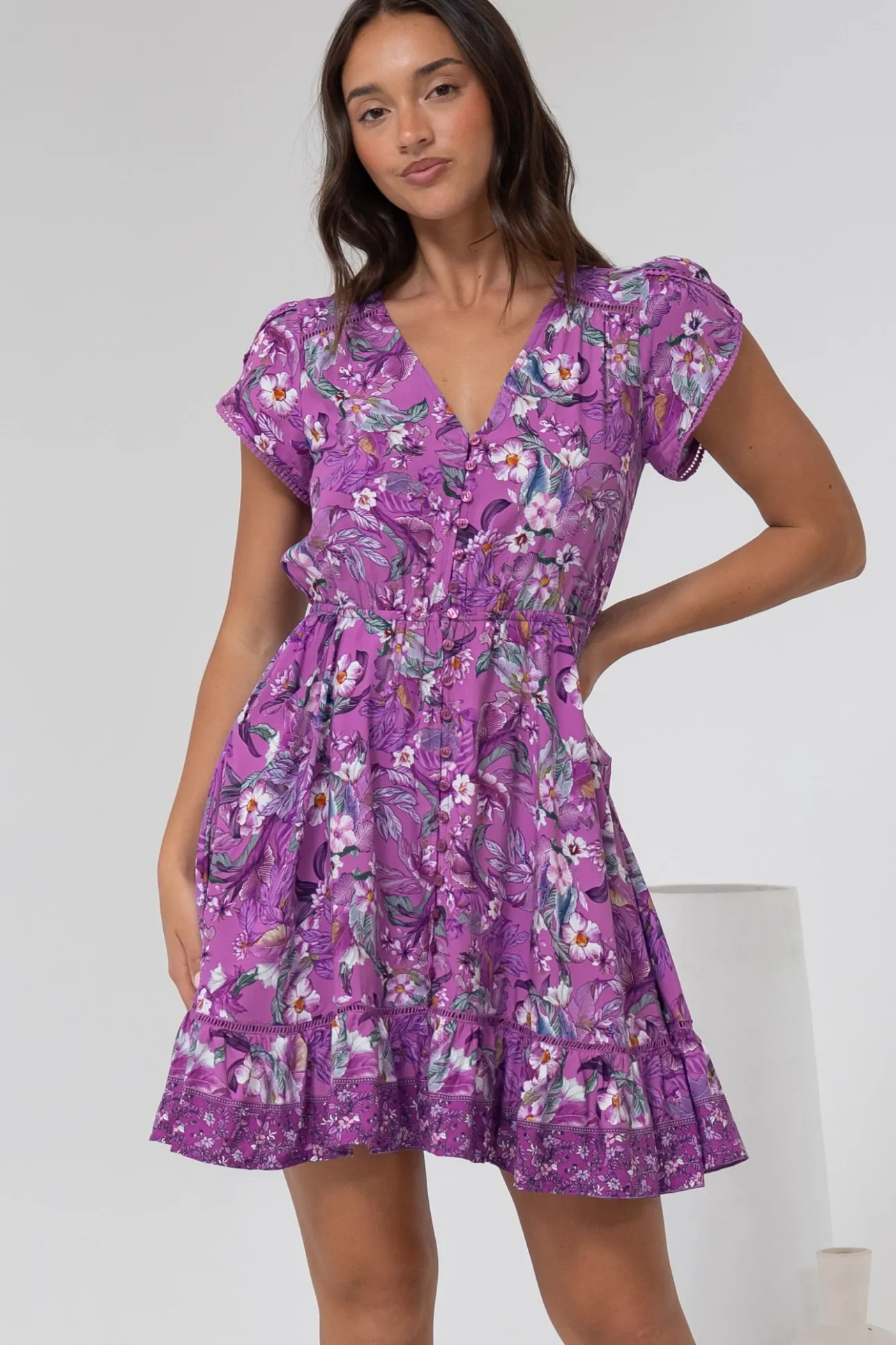 Lizzie Mini Dress - Butterfly Cap Sleeve Button Down Dress with Pockets in Rhodium Print>Jaase Sale