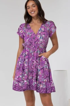 Lizzie Mini Dress - Butterfly Cap Sleeve Button Down Dress with Pockets in Rhodium Print><noscript><img width=